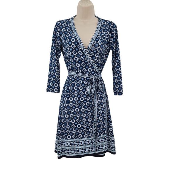 New NWT Max Studio Geometric‎ Wrap Dress Long Sleeve Size Small Navy White - Picture 1 of 10